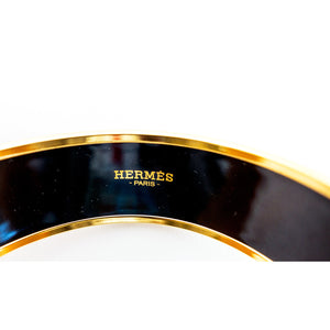 Hermes 65 Black Gold Printed Horse Enamel Bangle Bracelet