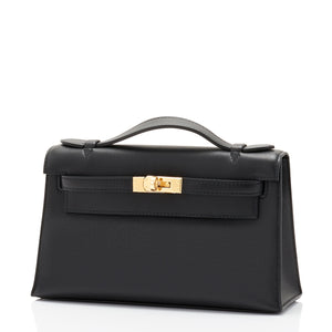 Hermes Kelly Pochette Black Swift Gold Hardware Clutch Cut Bag