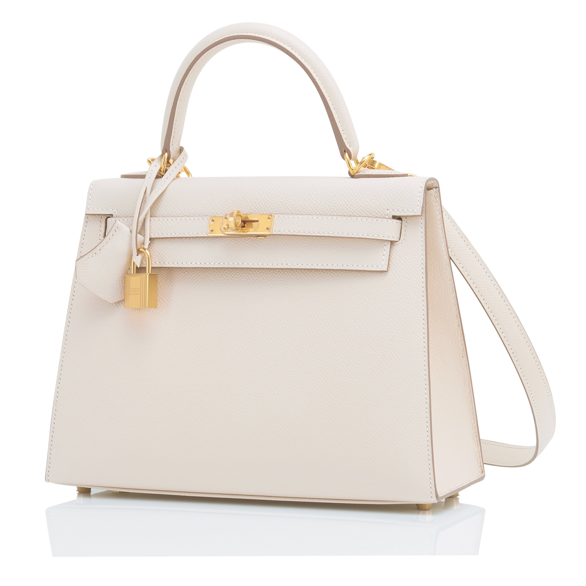Hermes Kelly 25 Sellier, Craie (Ivory/White) and Gold (Tan/Caramel) Epsom  Leather with Brushed Gold Hardware, New in Box WA001