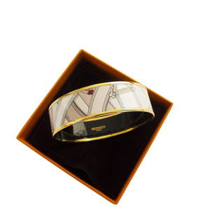 Hermes Cavalcadour Tan Gold Printed Enamel Bracelet GM 70mm Gorgeous