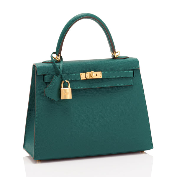 Hermes Kelly Pochette Clutch Bag Emerald Toned Malachite Epsom