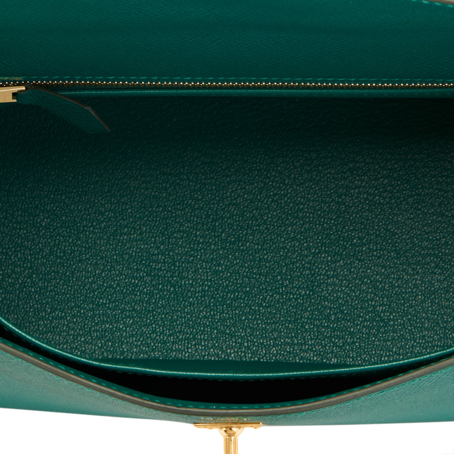 Hermes Kelly Pochette Clutch Bag Emerald Toned Malachite Epsom Gold