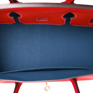 Hermes Birkin 35cm Rouge Casaque Blue Thalassa Bag Permabrass Candy Rare NEW