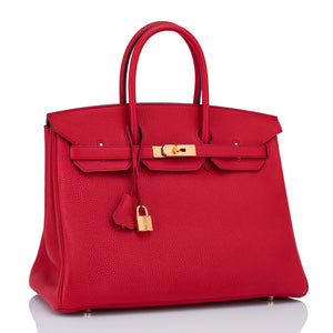 Hermes Rouge Casaque Lipstick Red 35cm Clemence Birkin Bag Gold Hardware