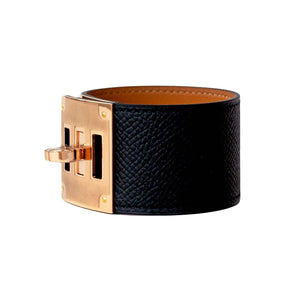 Hermes Black Kelly Dog Epsom Rose Gold Hardware Leather Cuff Bracelet