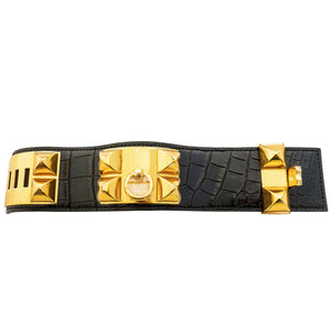 Hermes Black Matte Crocodile Croc Collier de Chien CDC Leather Cuff Bracelet Gold
