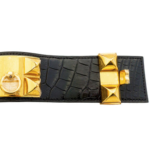 Hermes Black Matte Crocodile Croc Collier de Chien CDC Leather Cuff Bracelet Gold