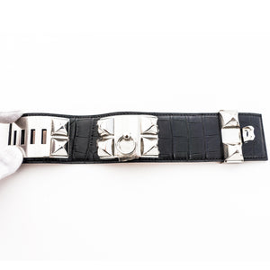 Hermes Matte Black Crocodile Gator PHW Collier de Chien CDC Leather Cuff Bracelet