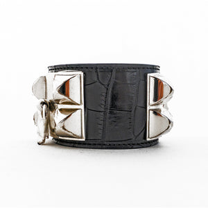 Hermes Matte Black Crocodile Gator PHW Collier de Chien CDC Leather Cuff Bracelet
