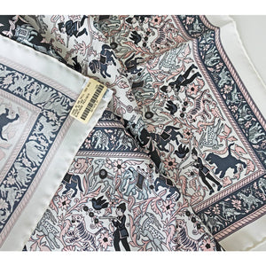 Hermes Chasse en Inde White Pink Grey Black Silk 90cm Scarf Carre Superb