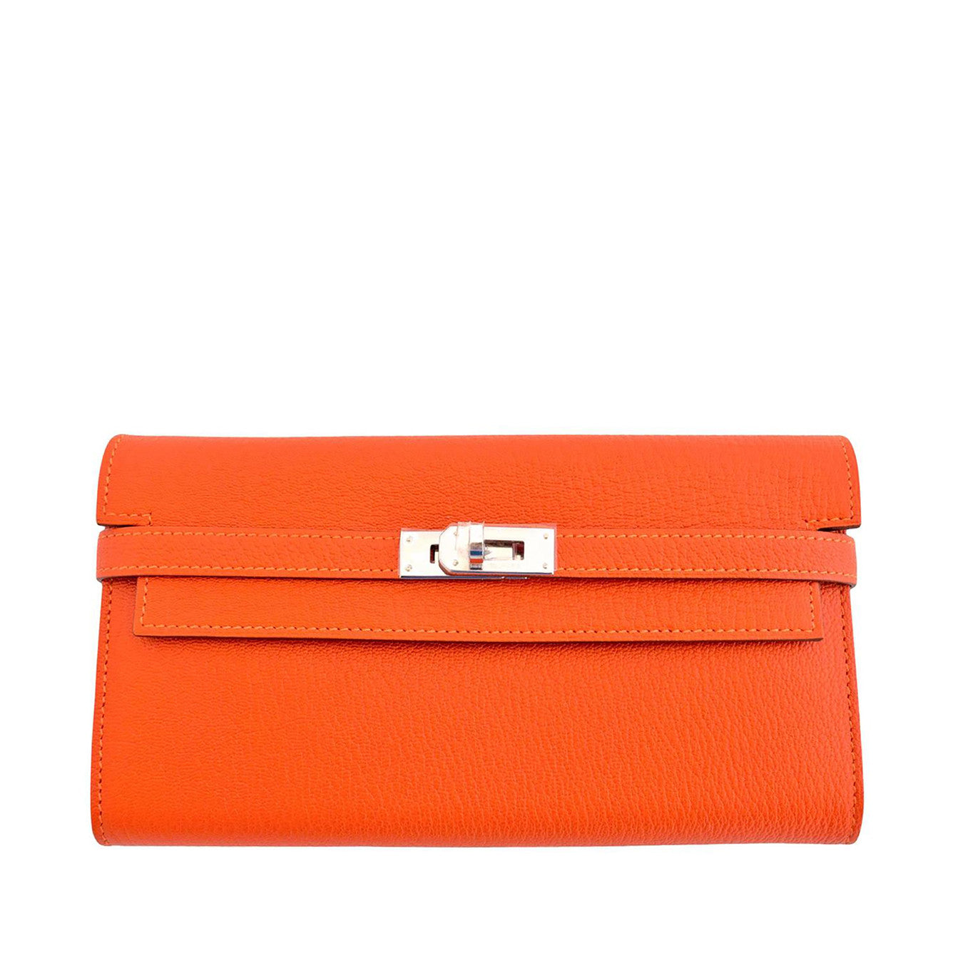 Hermes Feu Orange Kelly Wallet Chevre Palladium PHW Clutch Bag