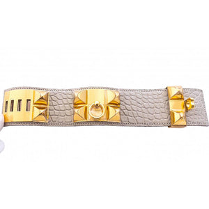 Hermes Matte Gris Perle Alligator Crocodile Croc Collier de Chien Gold GHW Leather Cuff Bracelet