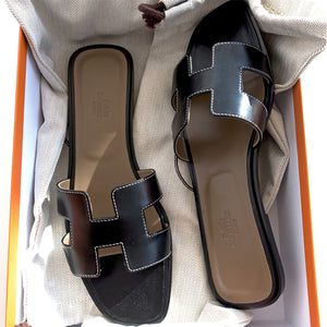 Hermes Oran Black Box Leather Sandals White Stitching Size 40 or 9.5 or 10