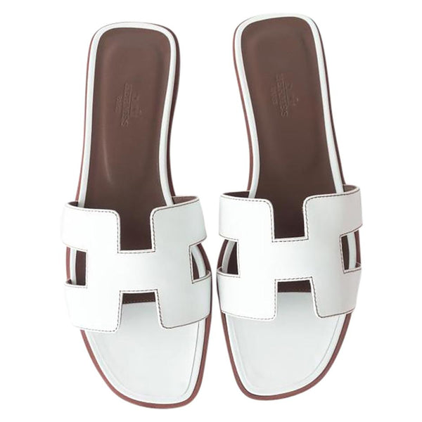 Hermes White Oran Leather Box Calfskin Sandals Orans Size 39 or 8.5